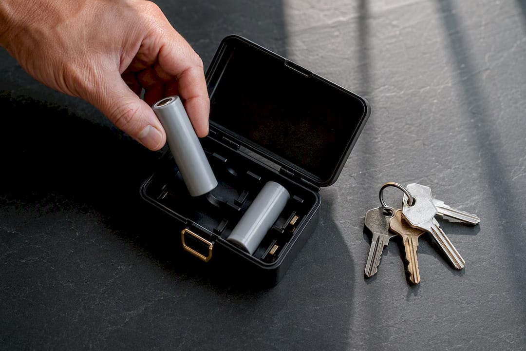 Battery placed in protective case beside keys