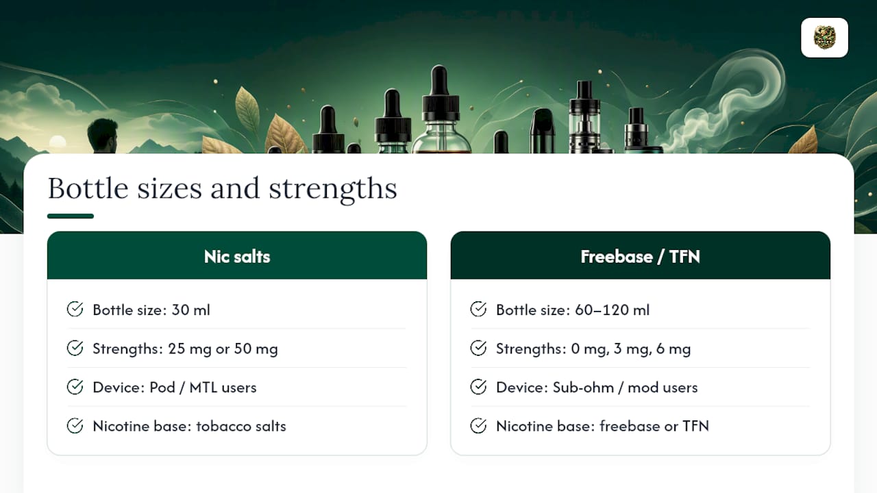 E-liquid sizes strengths and device formats