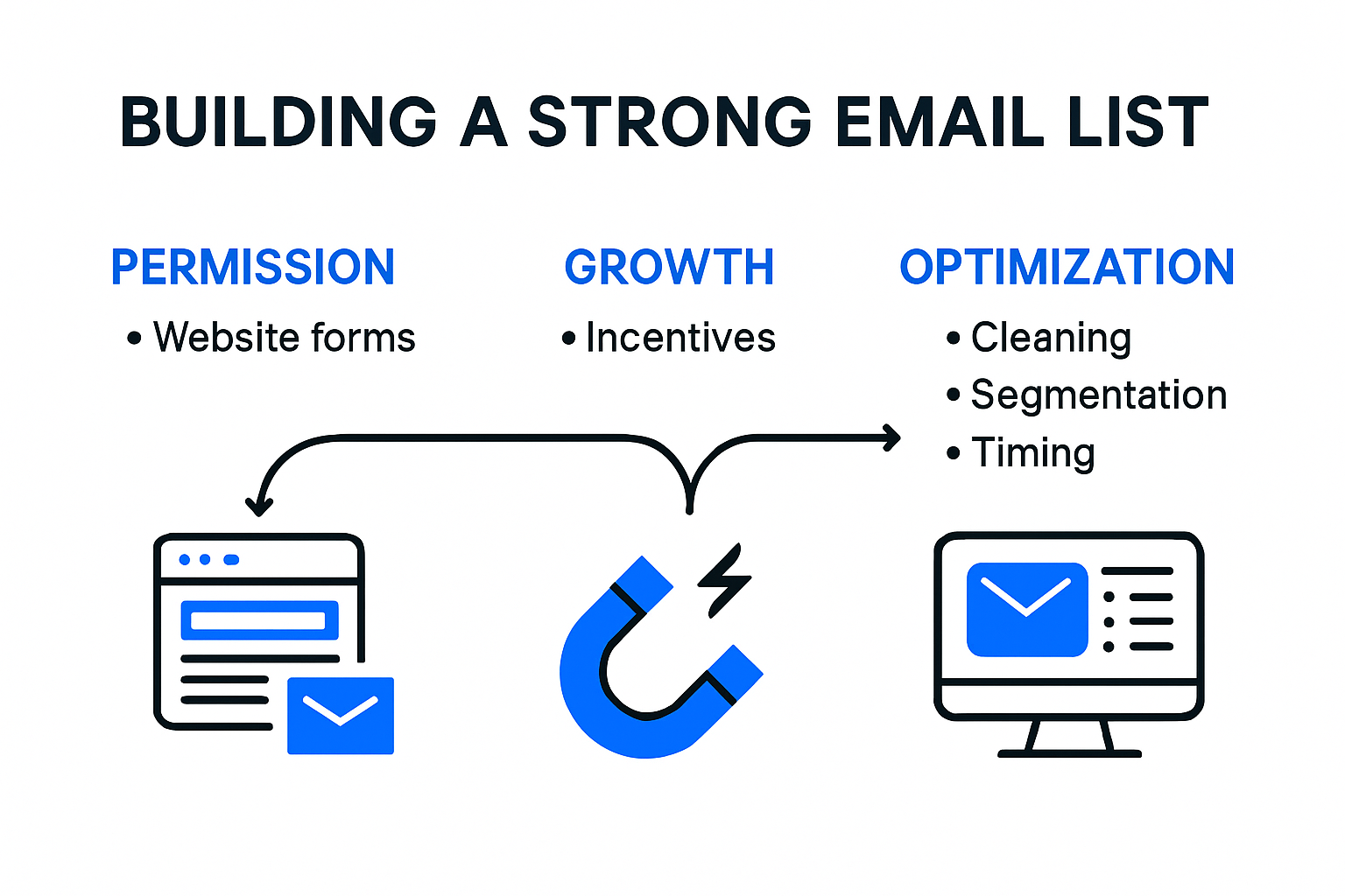 Infographic of email list building strategies and process