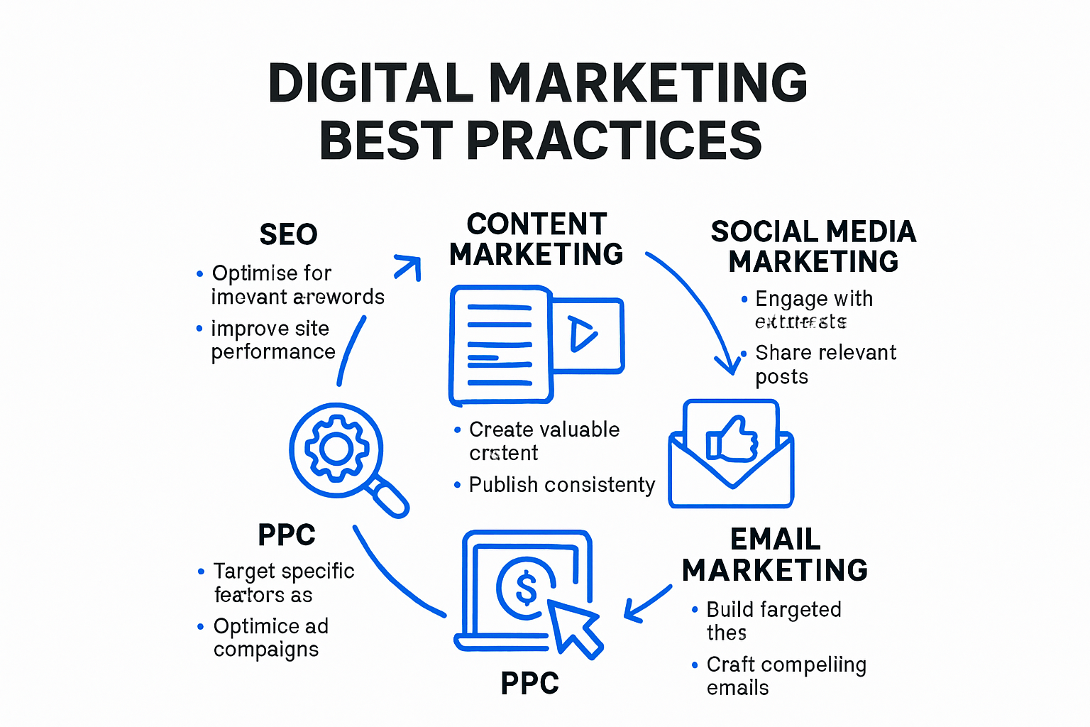 Infographic of digital marketing best practice components and workflow