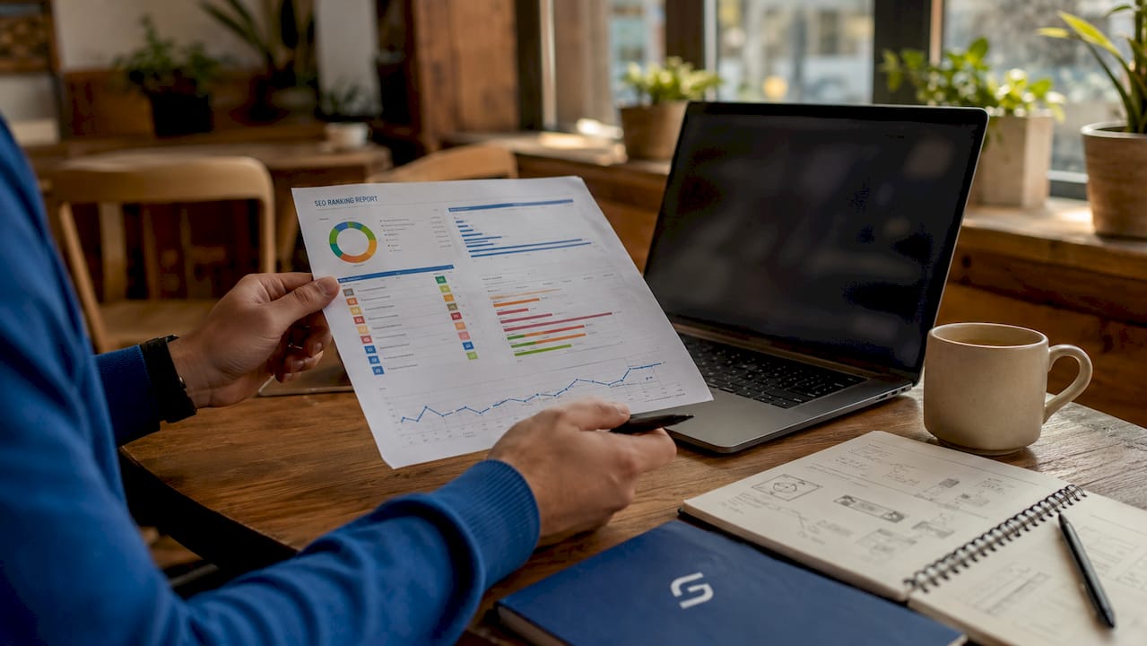 Hands holding SEO ranking report in office