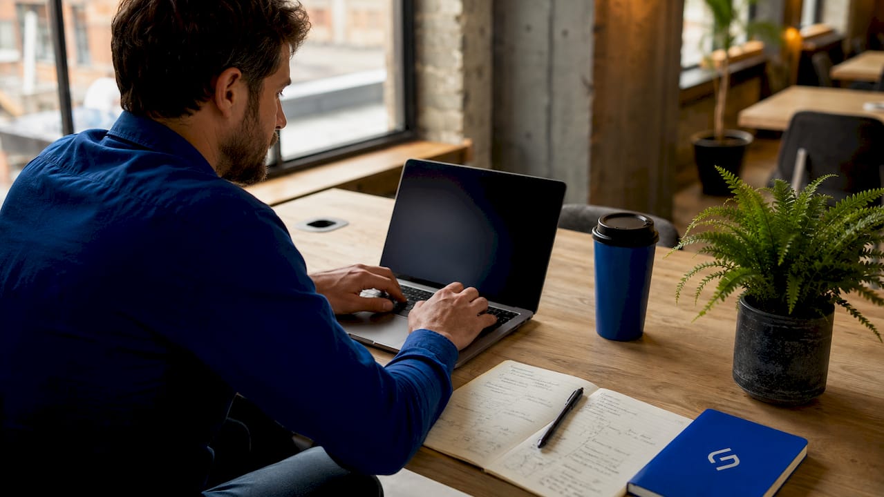 IT specialist typing on laptop with eco props