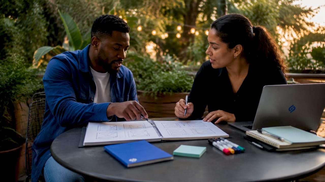 Two product managers discussing wireframes