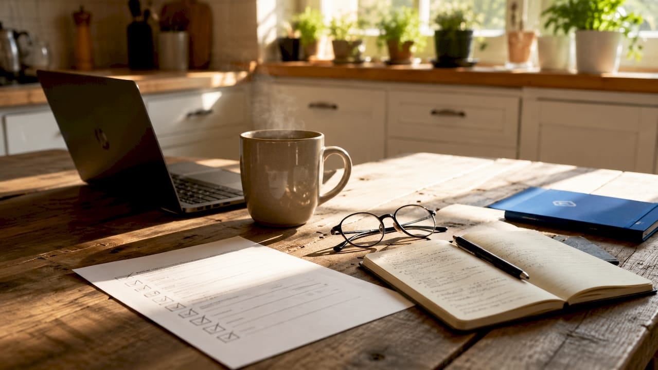 Overhead view of workspace with SEO checklist