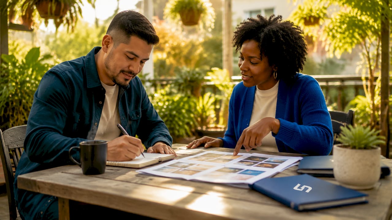 Two marketers discussing buyer journey content formats