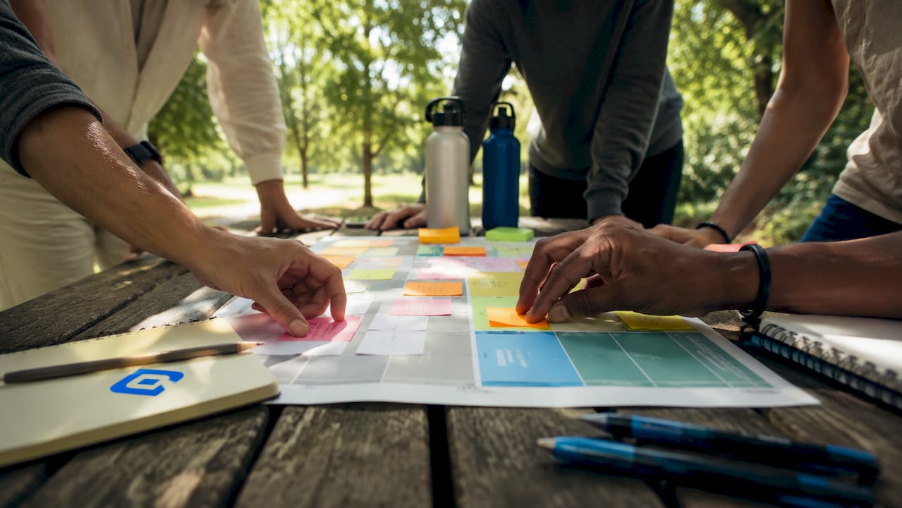 Hands placing sticky notes on audit chart