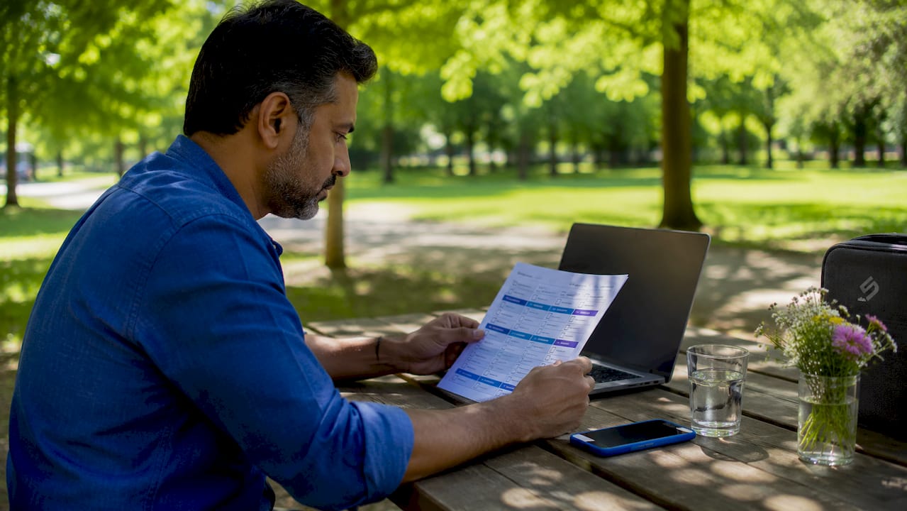 Man reviewing multi-channel marketing plan at café