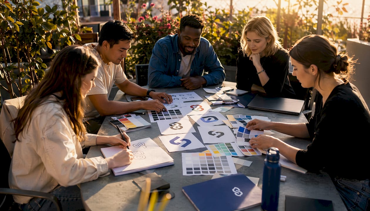 Hands collaborating on brand visuals and colors