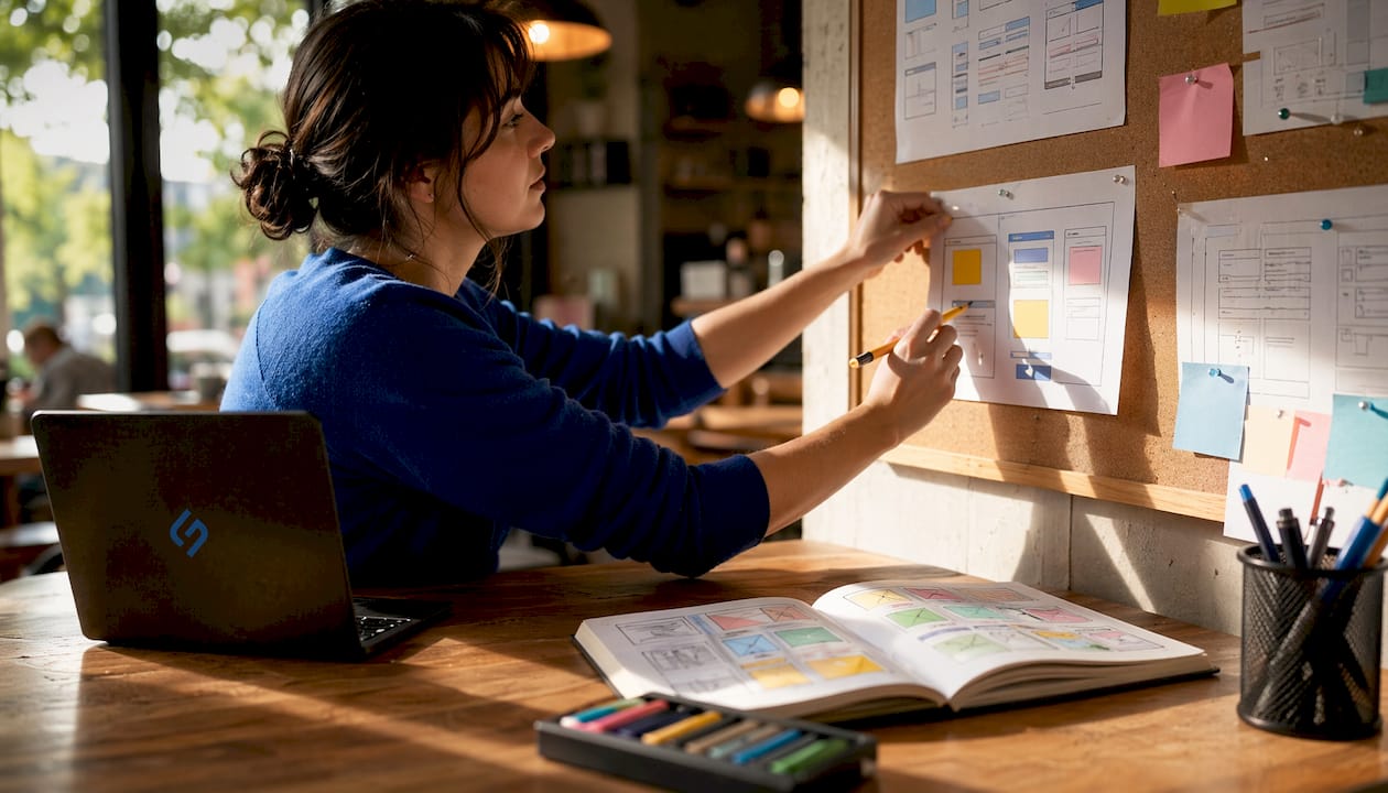 UX designer working on wireframes, hands close-up