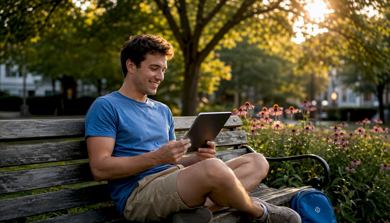 Man engaging with interactive storytelling on tablet