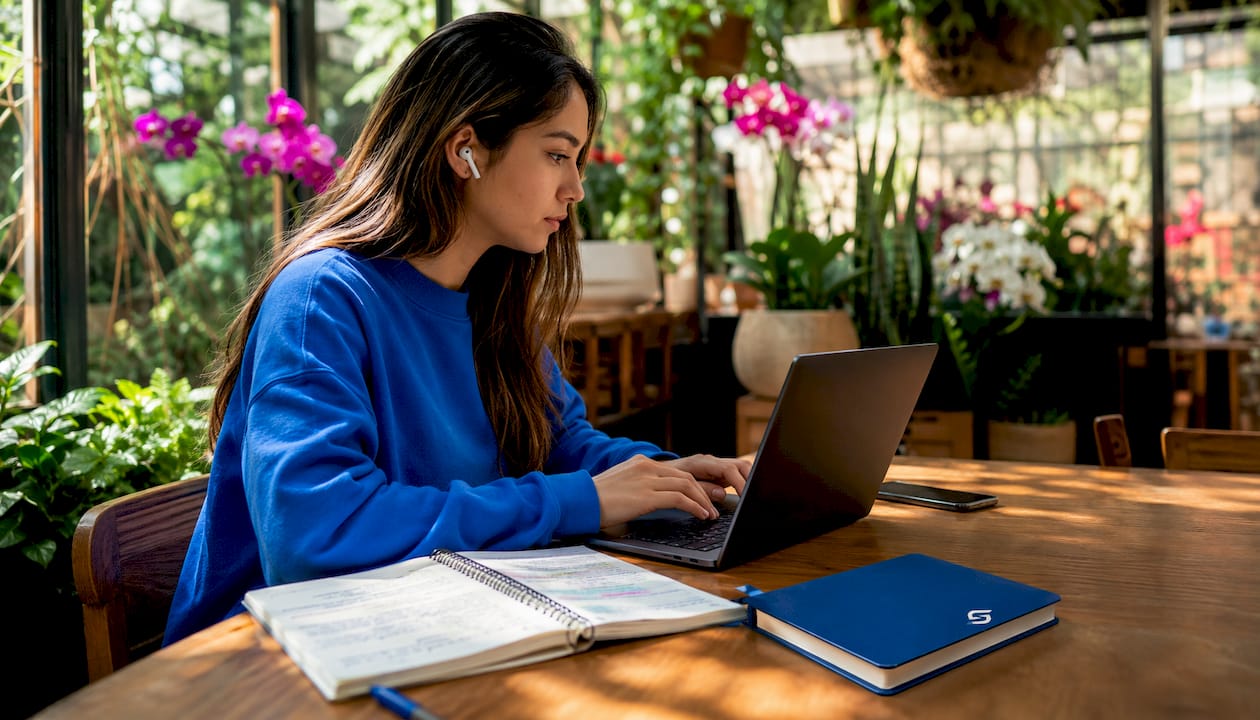Woman typing on laptop in café with notebook