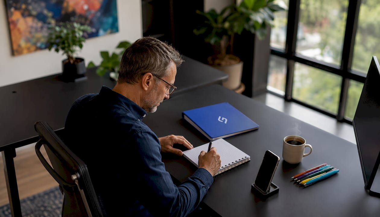Man taking notes in structured home office space