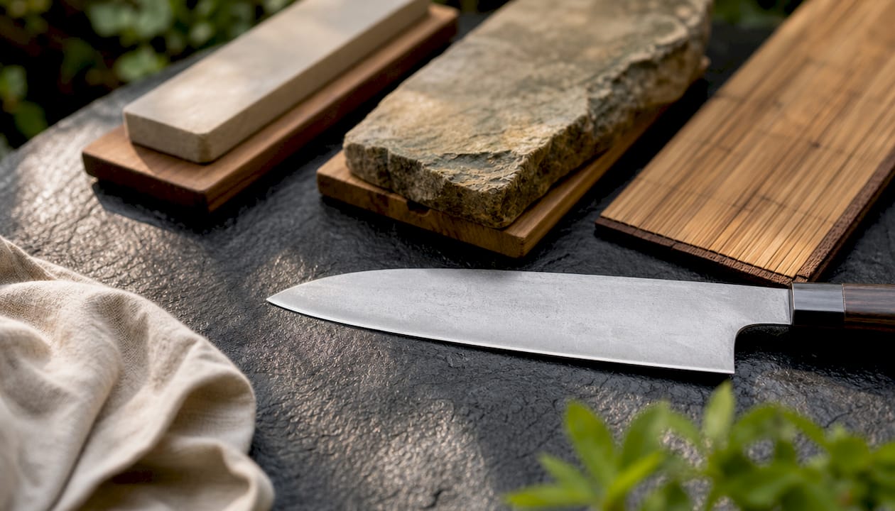 Detaljbilde som viser bladet og slipevinkelen på en santoku-kniv