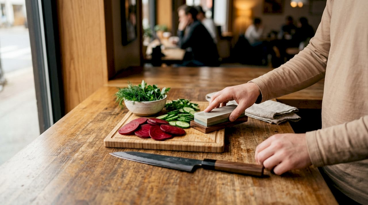 En japansk Gyuto-kniv sammen med oppskårne grønnsaker og en slipestein.