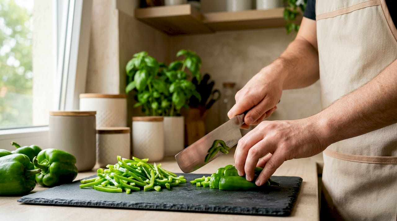 Nærbilde av hvordan kålen kuttes med en japansk nakiri-kniv