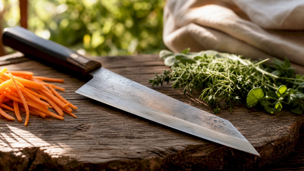 Nærbilde av bladet på en kiritsuke-kniv som ligger på skjærefjøla