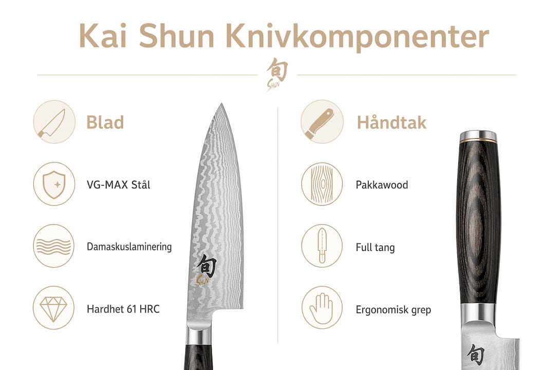 Infografikk som viser forskjellene på blad og håndtak hos Kai Shun-kniver