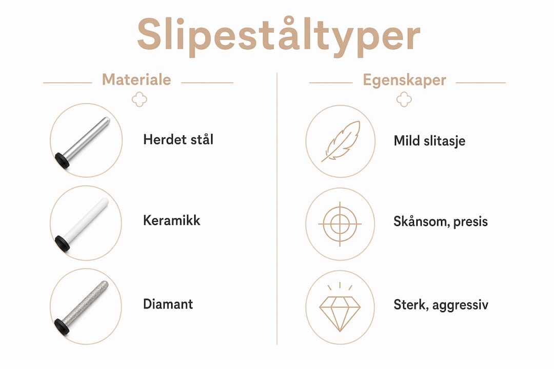 Oversiktlig infografikk som viser forskjeller og egenskaper ved ulike typer slipestål