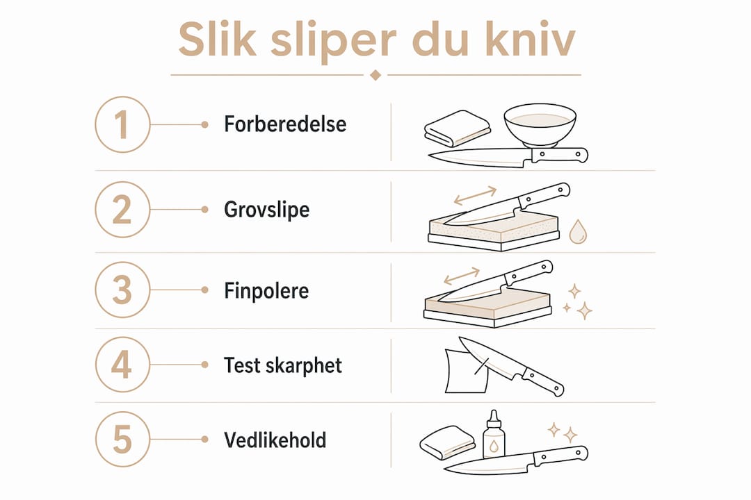 En illustrasjon som forklarer steg for steg hvordan du sliper kniven din