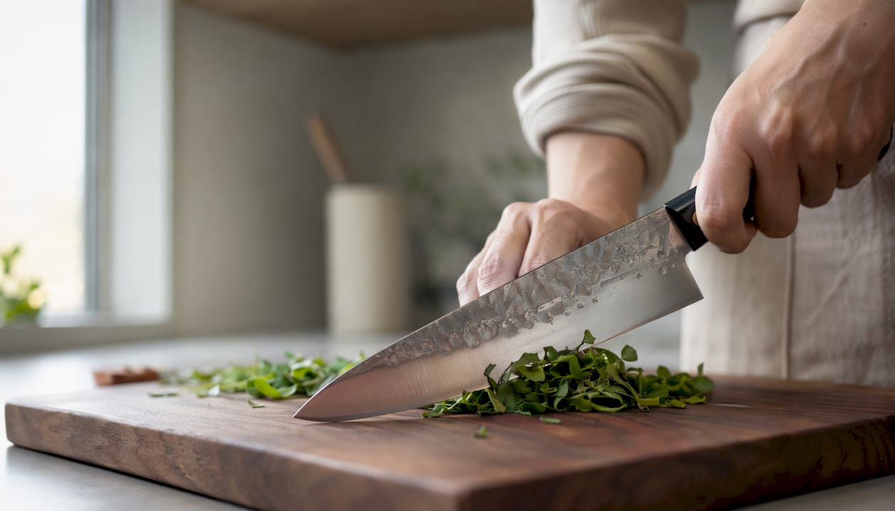 En japansk kniv glir lett gjennom maten på en skjærefjøl av endeved.