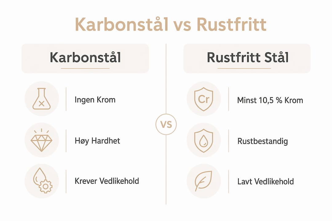 Infografikk som viser forskjellene mellom karbonstål og rustfritt stål i kjøkkenkniver