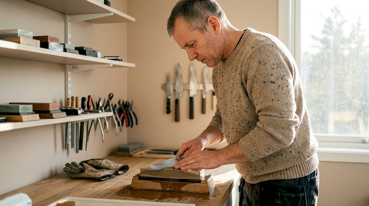 En erfaren knivsliper gir Kasumi-kniven nytt liv på verkstedet.