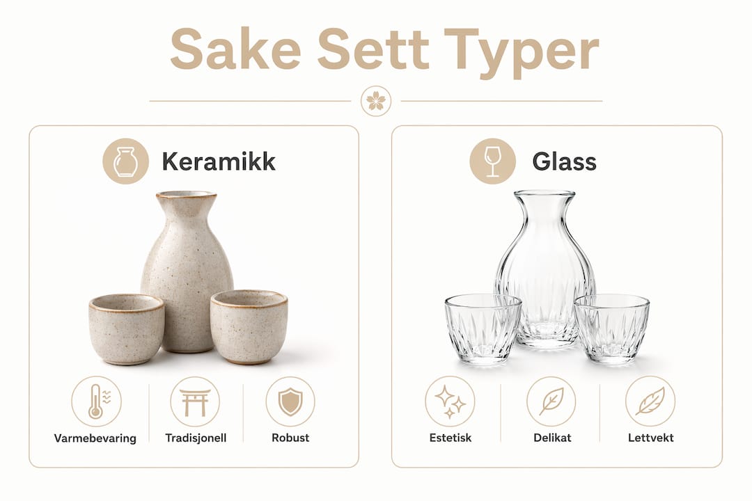 Infografikk som viser forskjellene mellom sake-sett i keramikk og glass