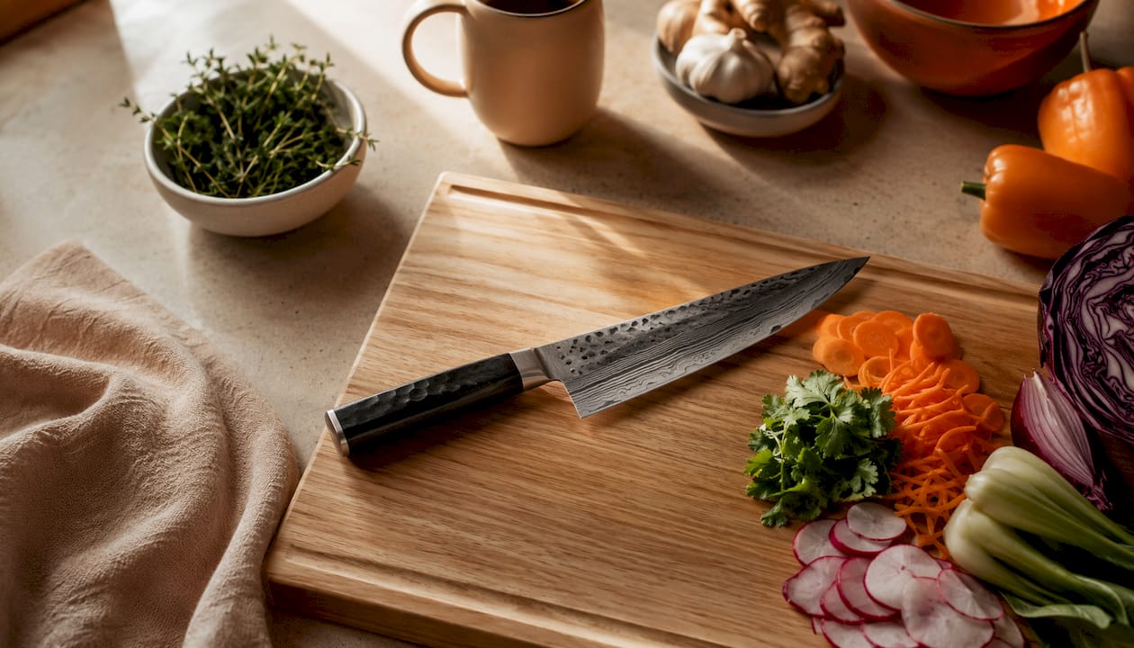 Nærbilde av Tojiro DP3 universalkniv i aksjon