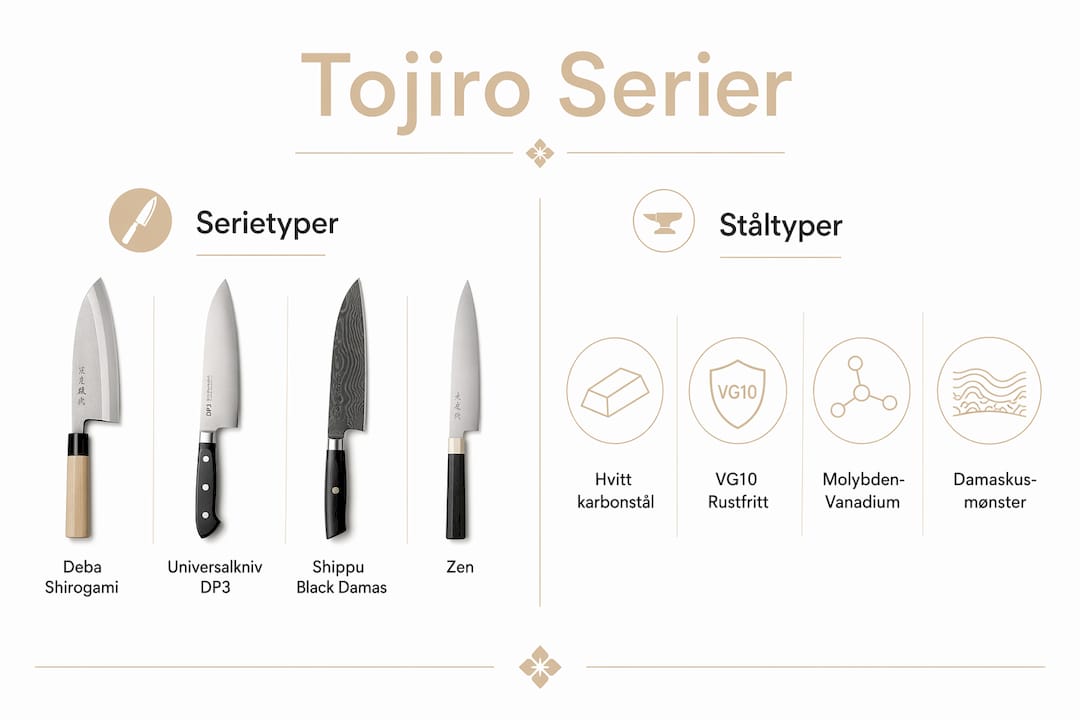 Oversiktlig infografikk som gir deg en enkel sammenligning av Tojiros ulike knivserier og de forskjellige stålkvalitetene.