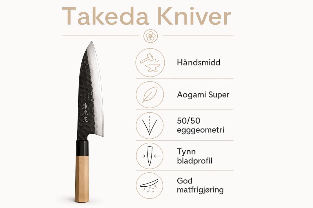 Oversiktlig infografikk som fremhever de særegne kvalitetene ved Takeda-kniver
