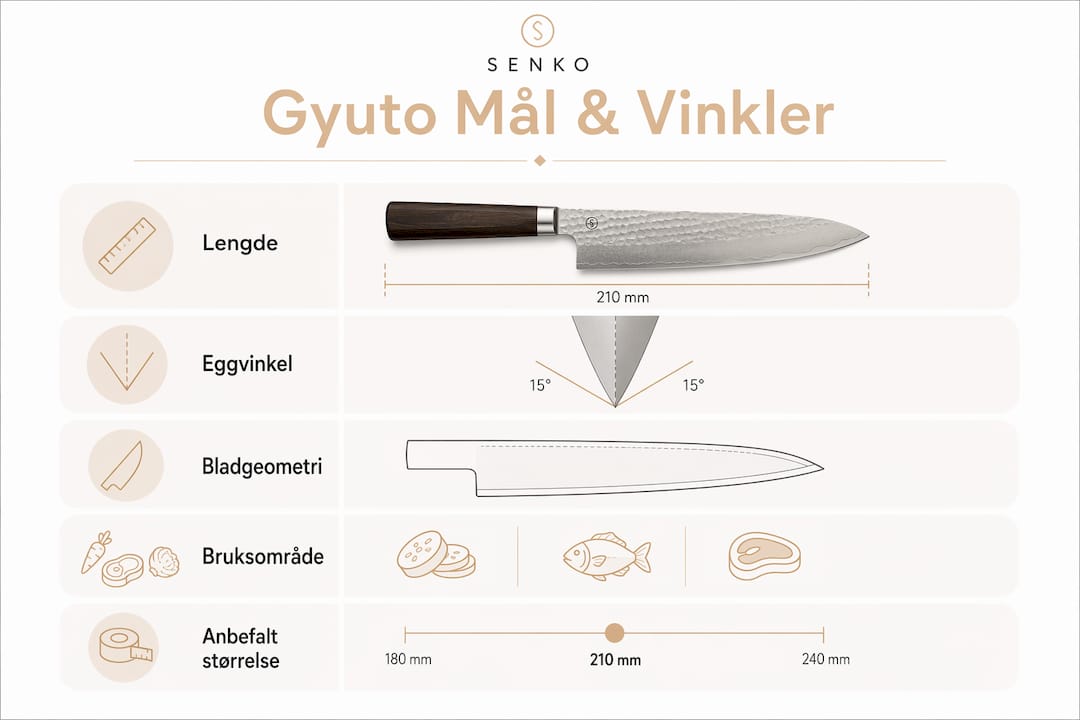 Oversiktlig infografikk som forklarer hvilke mål og vinkler som er viktig å kjenne til for gyuto-kniver.