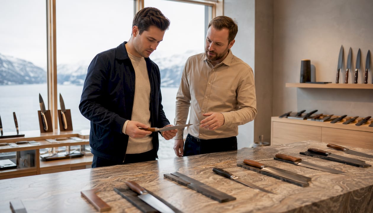 Kunde ser på Tamahagane-kniver i butikken
