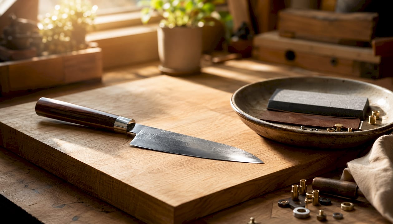 Bunka-kniv i stål med tilhørende slippeutstyr