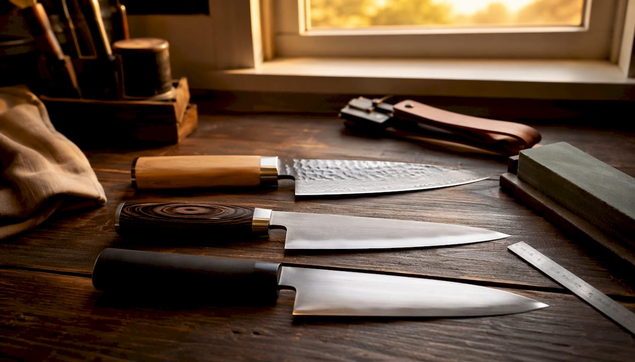 Et utvalg japanske kniver og sliperedskaper sett ovenfra