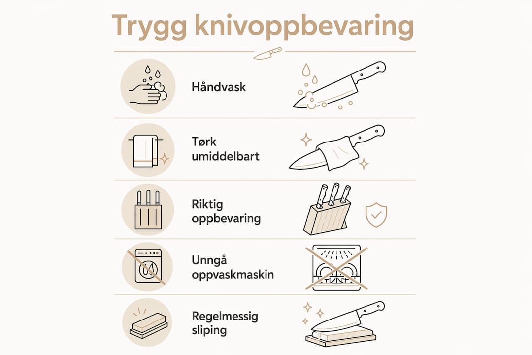Illustrasjon med enkle tips til sikker oppbevaring av kniver