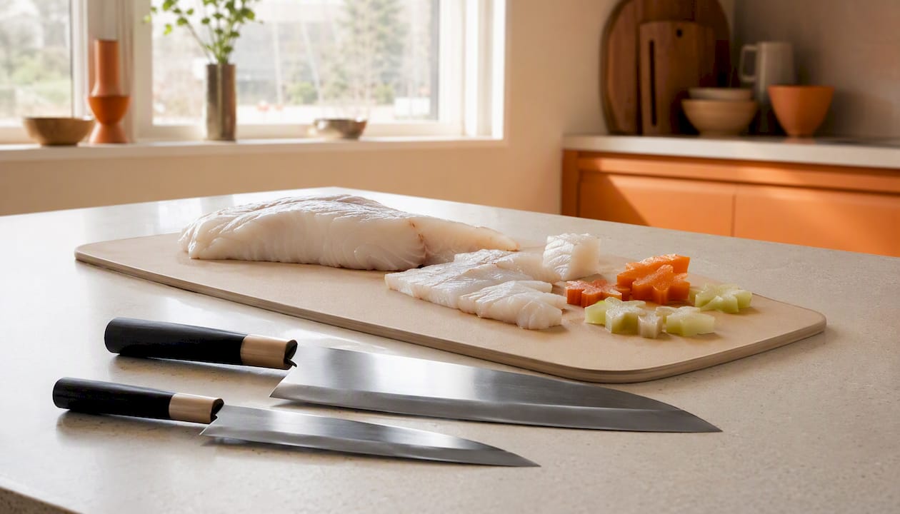 To deba-kniver i ulike størrelser sammen med fisk