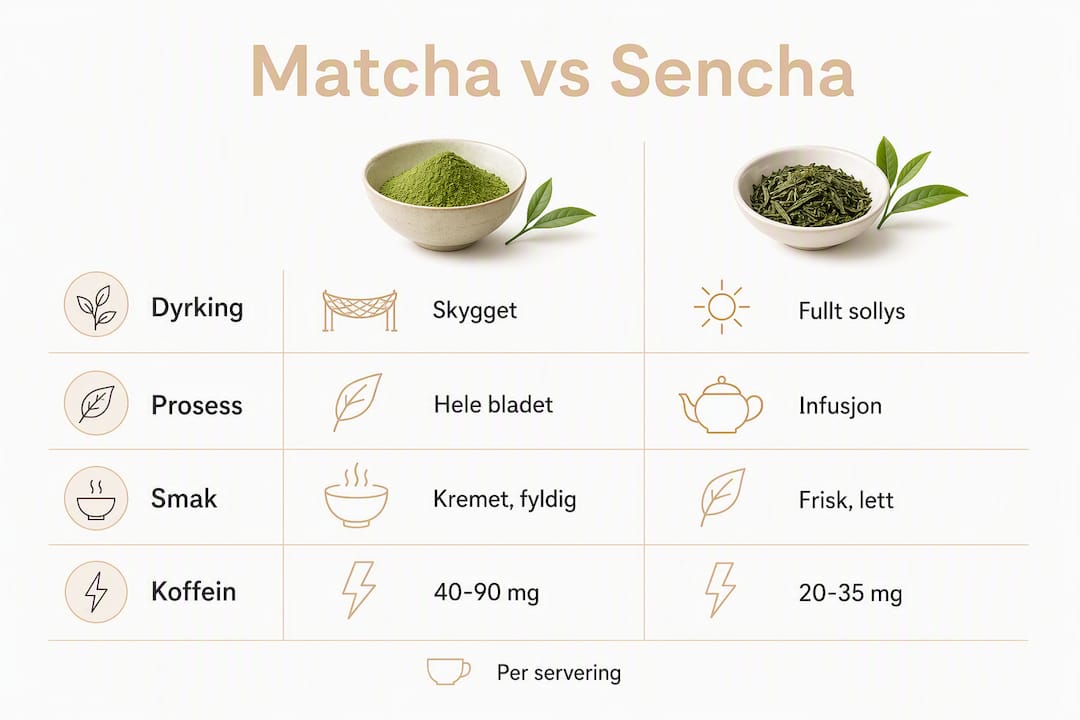 En informativ graf som viser forskjellene og likhetene mellom matcha og sencha te