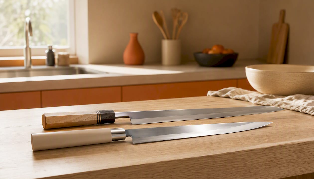 Oversiktlig sammenligning av yanagiba- og sujihiki-kniver sett ovenfra