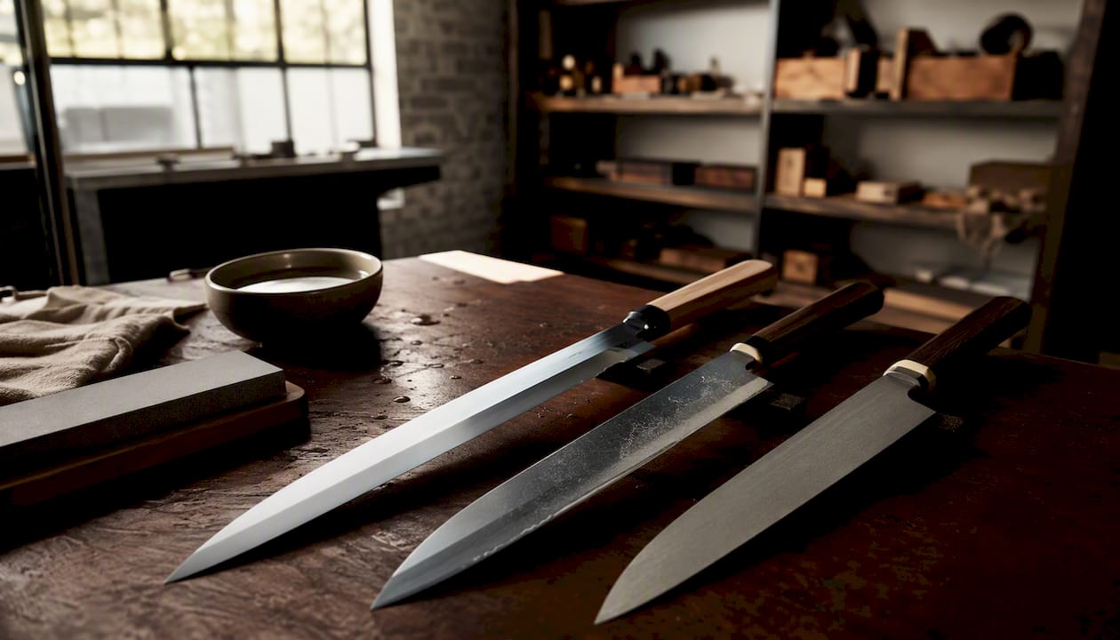 Tre ulike sujihiki-kniver med forskjellige stålklinger ligger utstilt på et bord av tre.