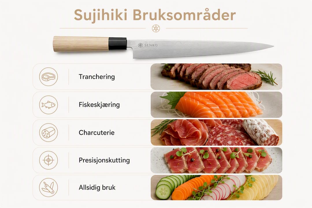 Illustrasjon som viser ulike måter å bruke en sujihiki-kniv på