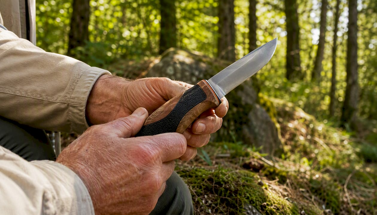 Et par hender holder fast i et turkniv med ergonomisk håndtak ute i naturen.
