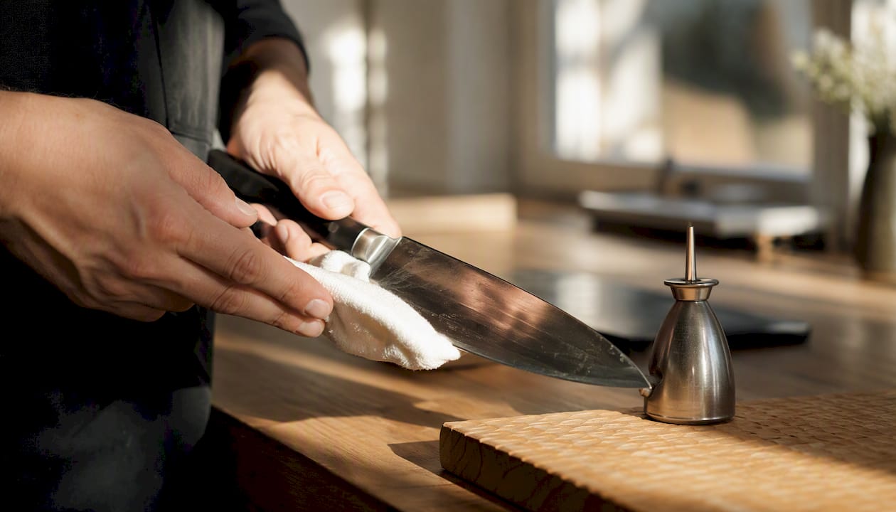 For å ta godt vare på en yanagiba-kniv, er det lurt å smøre bladet med litt olje jevnlig. Dette beskytter stålet mot rust og sørger for at kniven holder seg skarp og i god stand over tid.