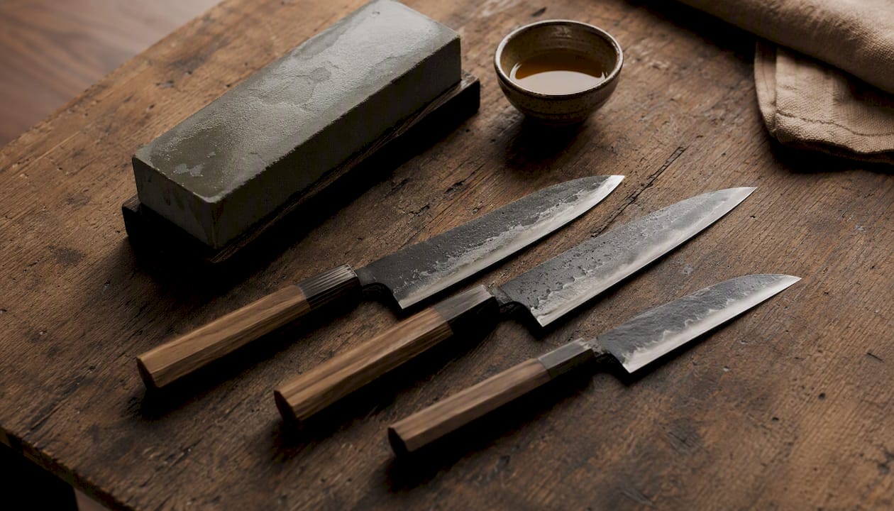 Naturlige kurouchi-kniver – komplett med slipestein og olje