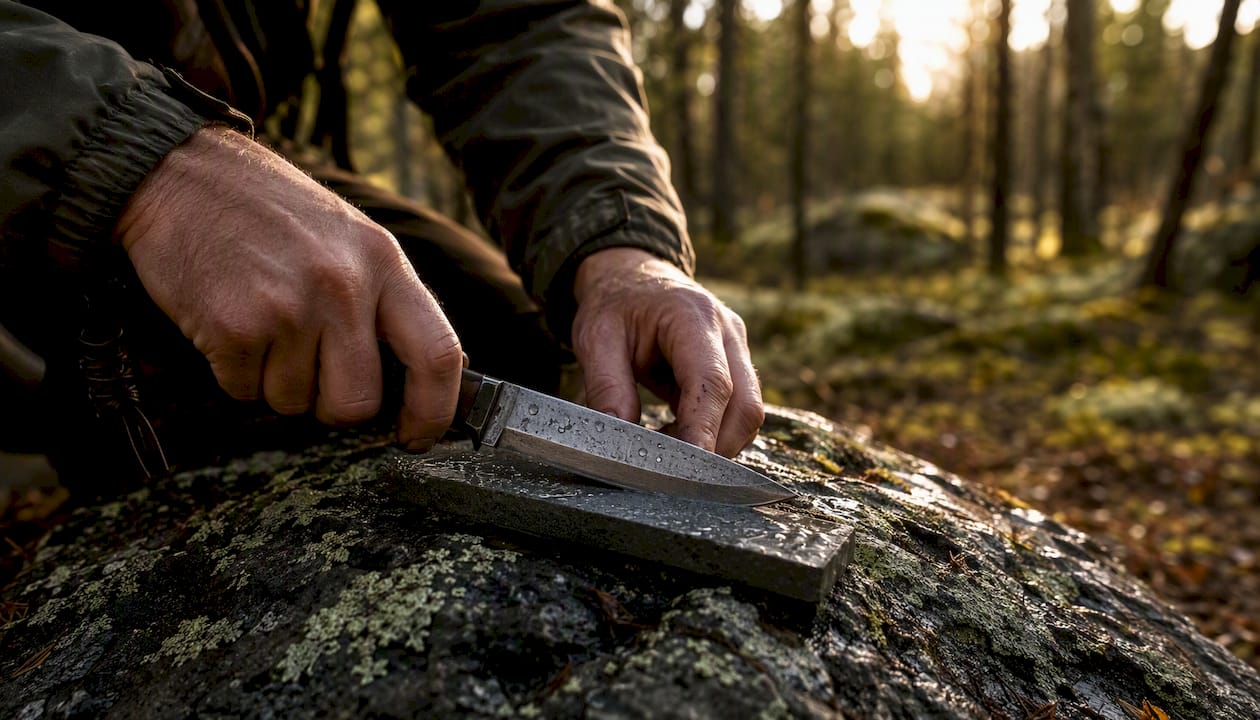Jegeren sitter ute i naturen og hvesser kniven sin på en slipestein.