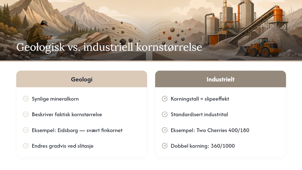 Diagram som sammenligner geologiske og industrielle kornstørrelser