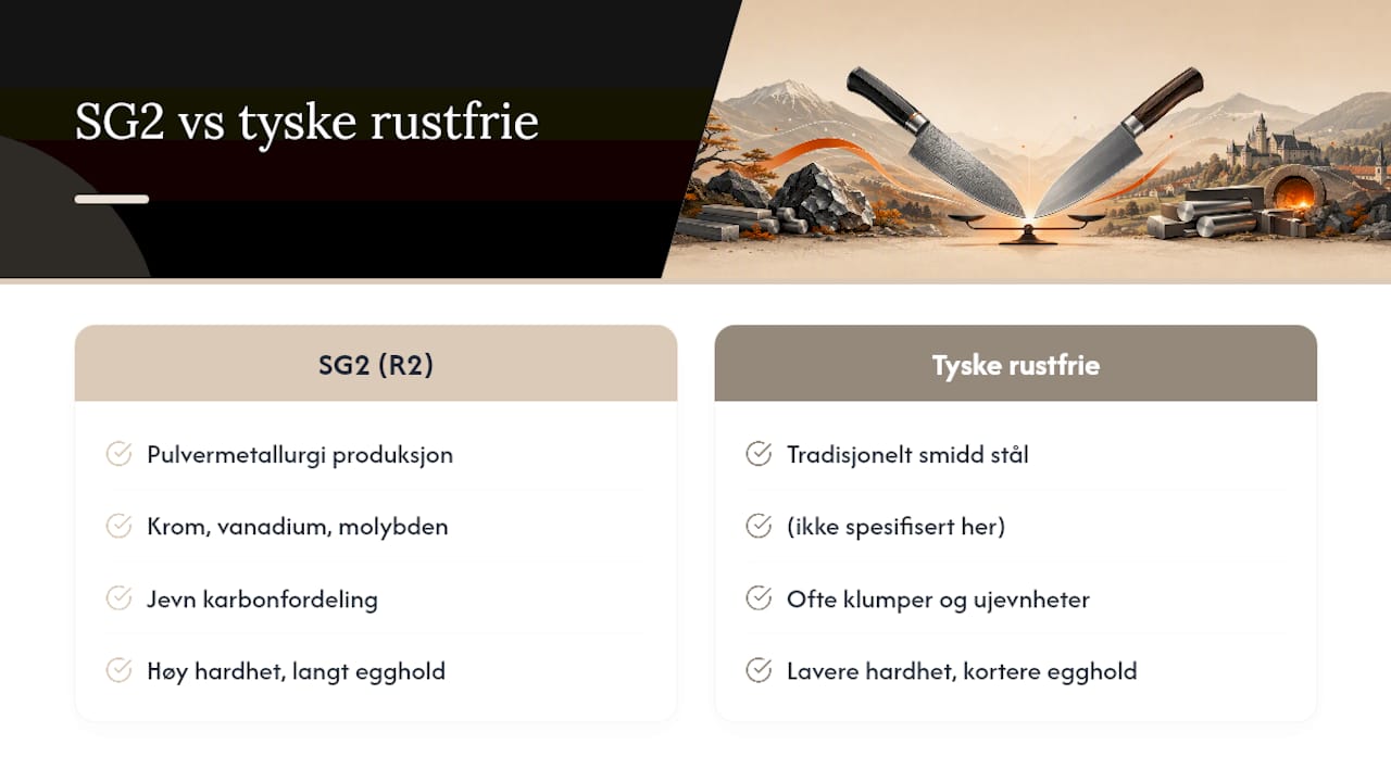 Sammenligning av sammensetning og hardhet mellom SG2-stål og tysk stål