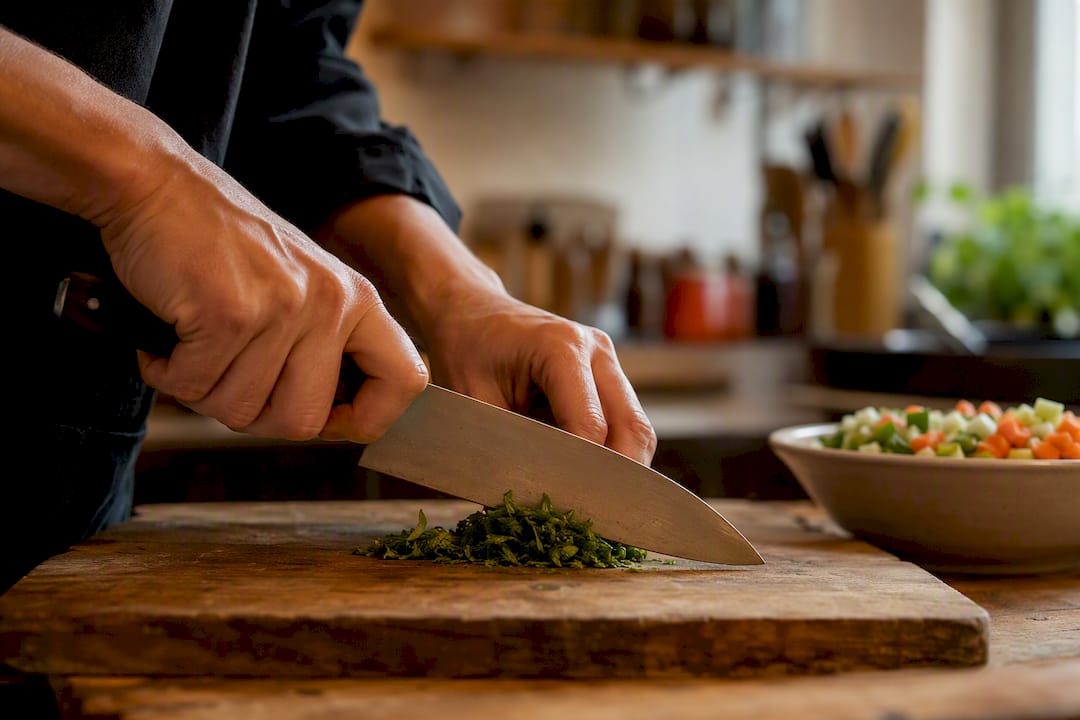 Håndskjæring av grønnsaker med gyuto-kniv