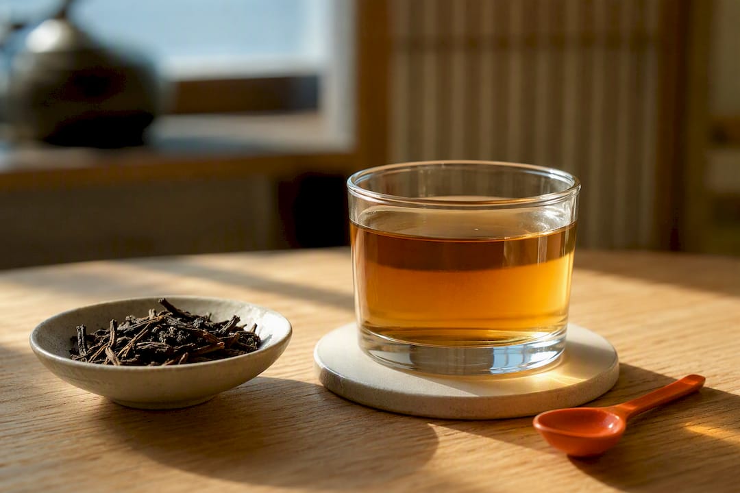 Gyllenbrun hojicha med ristet teblad