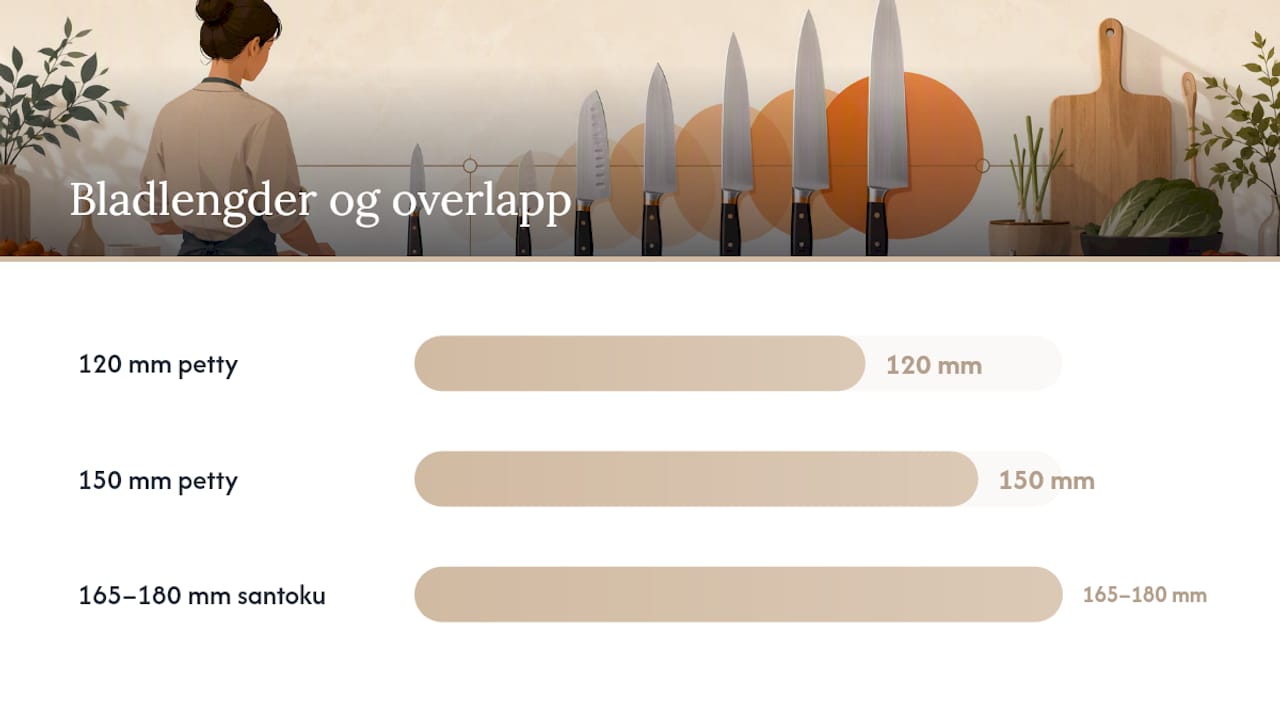 Størrelser og når en 120–150 mm petty overlapper en santoku — overview diagram