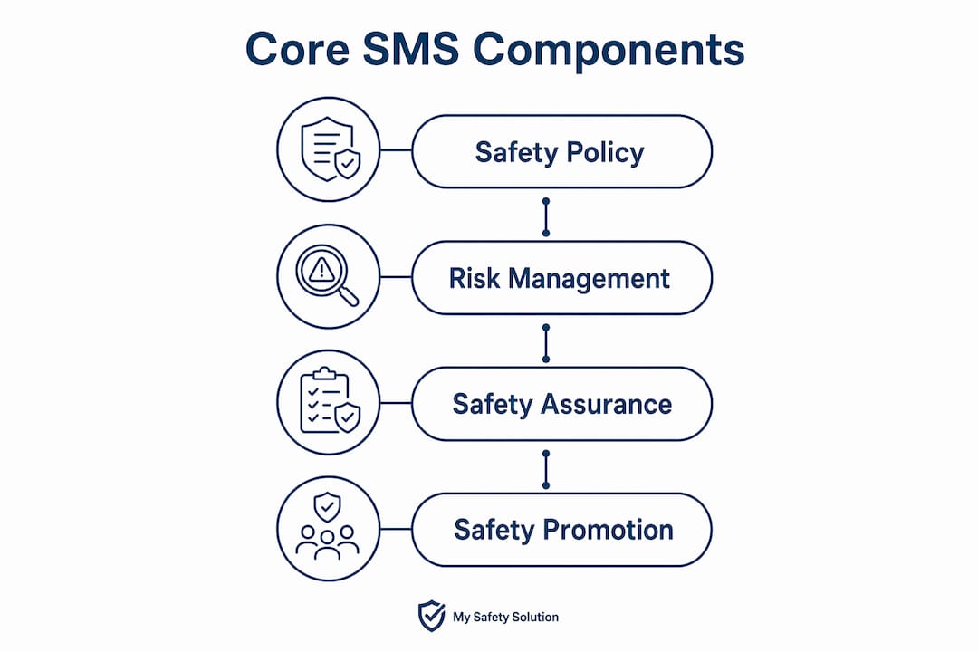 Infographic illustrating core construction safety management system components